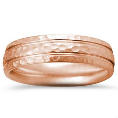 Pompeii3 Polished Bright Hammered 14K Rose Gold 6mm Wedding Mens Two Line Ring