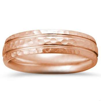 Pompeii3 Polished Bright Hammered 14K Rose Gold 6mm Wedding Mens Two Line Ring