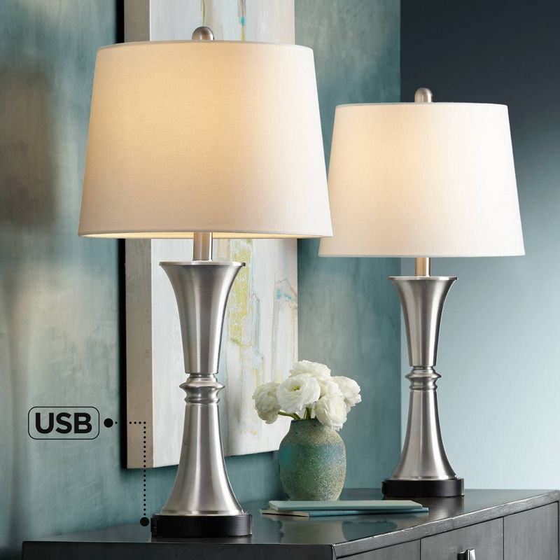 360 Lighting Seymore Modern Table Lamps 26" High Set of 2 Silver with USB Charging Port LED Touch On Off White Drum Shade for Bedroom Living Room Desk, 3 of 11
