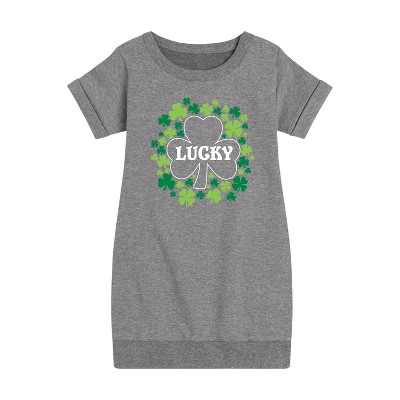 - Instant Message - St. Patrick's Day Lucky Shamrocks Filled Graphic Short Sleeve Fleece Dress