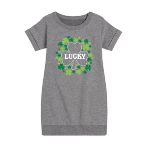 - Instant Message - St. Patrick's Day Lucky Shamrocks Filled Graphic Short Sleeve Fleece Dress - 1 of 4