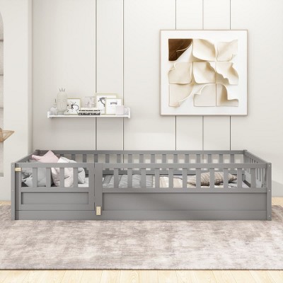 Toddler Bed with Safety Fence and Door, Wooden Floor Bed Frame for Kids’ Sleep, Play, and Reading Space – The Pop Home