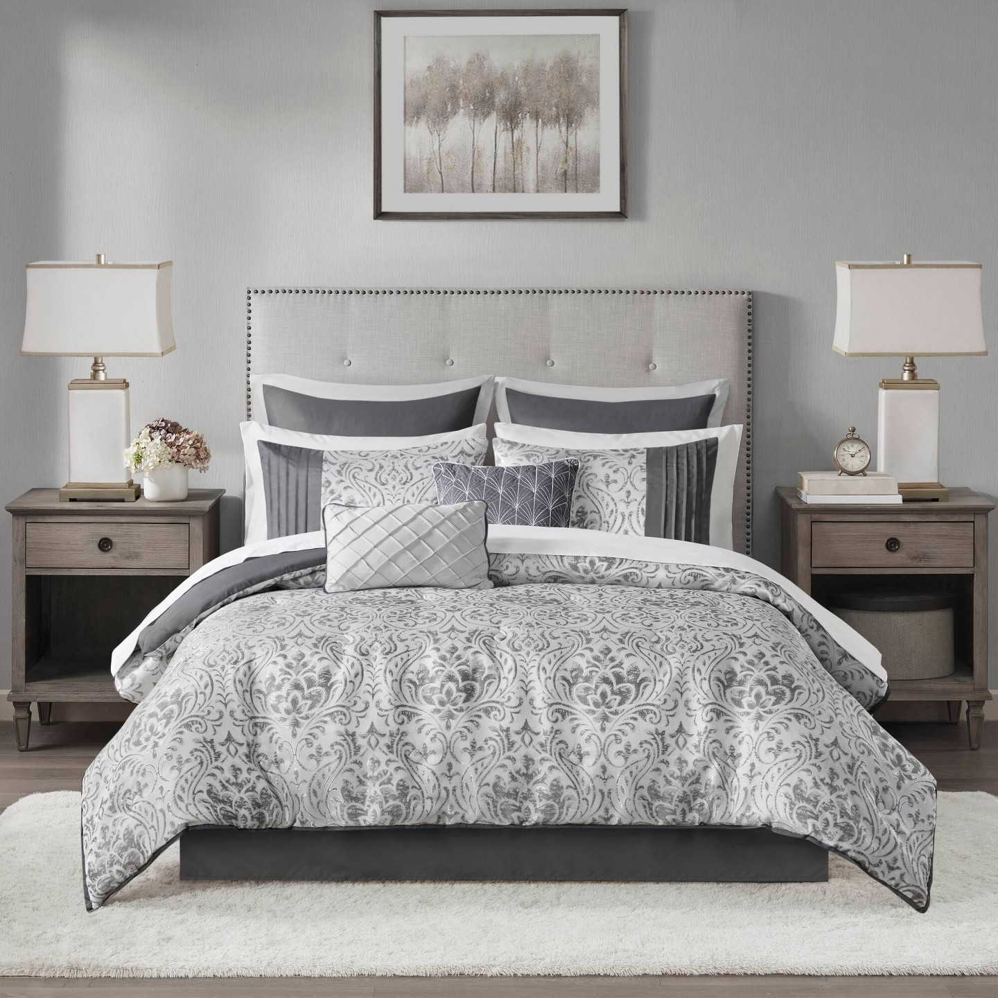 Комплект с одеялом Madison Park 12pc Queen Grace Jacquard Comforter Set with Bed Sheet Silver, цвет: Серебряный — фото 3