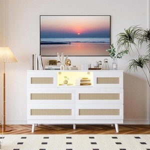 coucheta Rattan Wooden Dresser with 6 Drawers, 47" Wide Modern TV Table with Charging Station & LED Lights, for Bedroom, Living Room, Hallway - 1 of 4