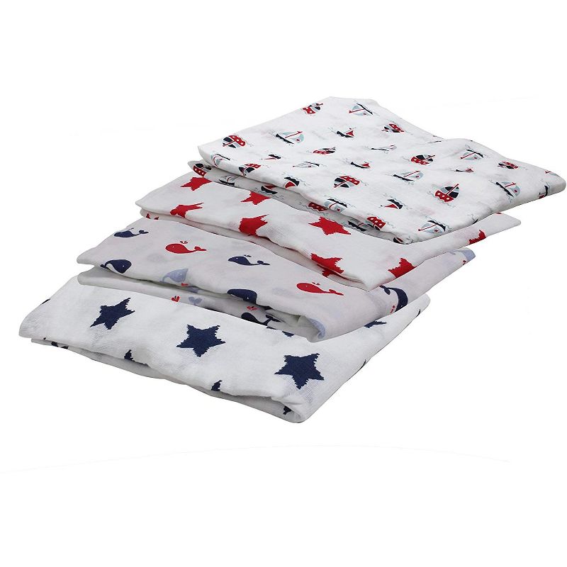 Bacati - Little Sailor Blue/Navy/Red Boys Muslin Swaddling Blankets set of 4, 4 of 6