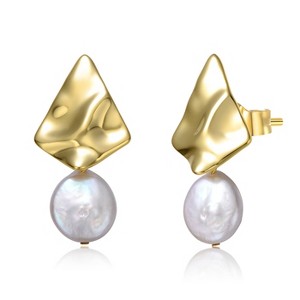 Guili Sterling Silver 14K Yellow Gold Plated Earrings with White Coin Freshwater Pearl, Featuring Geometric Rippled 3D Double Dangle Design - 1 of 2