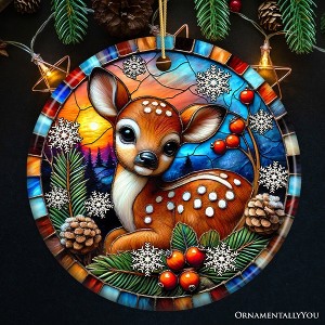 Charming Fawn in Snowy Sunset Ornament, Delightful Woodland Scene for Christmas Decor| OrnamentallyYou - 1 of 4