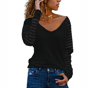 Coolmee Womens Long Sleeve Tunic Tops Striped Mesh Patchwork Sleeve Casual V Neck Loose Blouses - 1 of 4