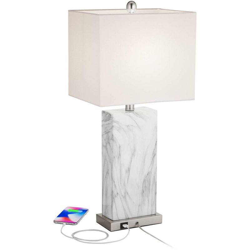360 Lighting Connie Modern Table Lamps 25" High Set of 2 White Faux Marble with USB Charging Ports Rectangular Shade for Living Room Office Desk House, 4 of 11