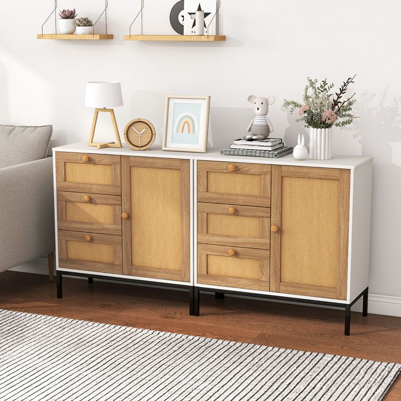 Tangkula Set of 2 Rattan Sideboard Buffet Cabinet Accent Cabinet w/ 1 Door & 3 Drawers, 2 of 11