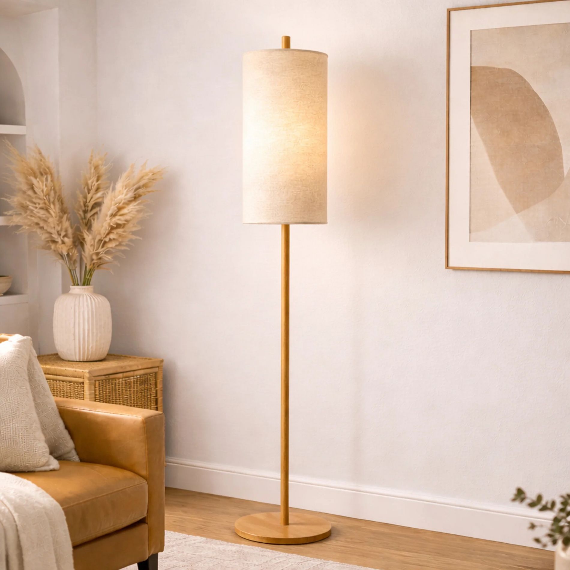 GDFStudio Welch Modern Rattan Shade Floor Lamp with Rubber Wood Base, Brown