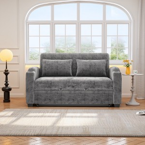 Runesay 61.6" Gray Modern Chenille Pull Out Loveseat Sofa Bed with Adjsutable Backrest, 2 Pillows, Cup Holders and USB Ports - 1 of 4