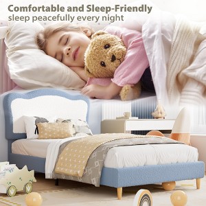 Upholstered Bed Frame for Kids with Scallop Headboard, Cute Velvet Twin Bed for Girls, Boys, Sturdy Platform Bed, No Box Spring Needed, Noise Free - 1 of 4