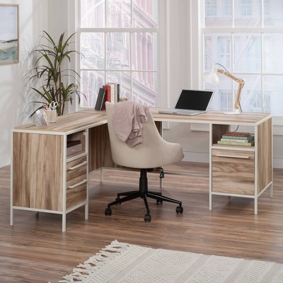 White and Wood L-Shaped Corner Desk with Drawers and Filing Cabinet
