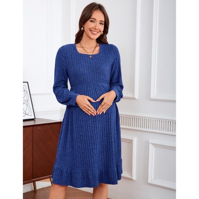 Womens Maternity Square Neck Knit Dress Lantern Sleeve Ribbed Sweater Midi Dress