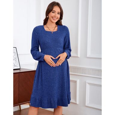 knit dress target Womens Maternity Square Neck Lantern Sleeve Ribbed Sweater Midi Dress Navy Blue M Workwear Dresses