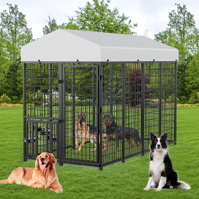 Heavy Duty Outdoor Dog Kennel with Rotating Bowls, 8 x 4 x 5.6-ft