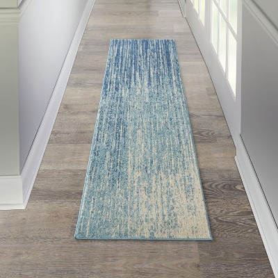 Round Blue Geometric Synthetic Easy Care Rug, 8 ft