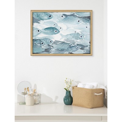 Natural Framed Blue Marine Life Glass Wall Art, 18x24