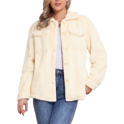 Женские куртки INSPIRE CHIC Women's Faux Fur Lapel Collar Button Down Outerwear Fleece Jacket Large Beige