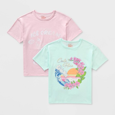 Cat & Jack Kids' 2pk Adaptive Short Sleeve Graphic T-Shirt - Cat & Jack™ Mint Green/Pink L