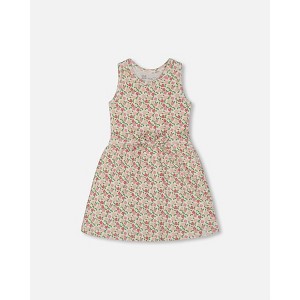 Deux par Deux Girl Printed Ribbed Dress with Waist Tie Small Flowers on White Background - 1 of 4