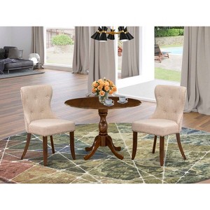 HomeStock 3 Piece Dining Table Set, 1 Drop Leaves Table and 2 Light Tan Linen Fabric Dinning Chairs  - Acacia Walnut Finish - 1 of 4