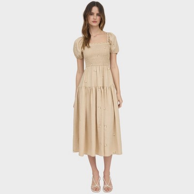 August Sky Women's Smocked Embroidered Floral Midi Dress