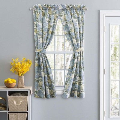 Blue Floral Cotton Rod Pocket Light-Filtering Window Curtains 68" x 54"