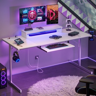 Bestier 63" Gaming Desk with LED Lights & Power Outlets, Computer Desk with Monitor Stand & Keyboard Tray for Home Office