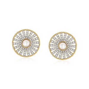 Ross-Simons 5-5.5mm Cultured Pearl and 1.50 ct. t.w. White Zircon Earrings in 18kt Gold Over Sterling - 1 of 3