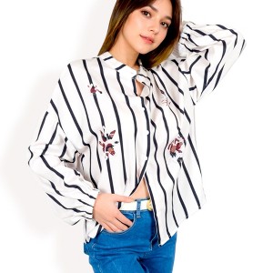 Anna-Kaci Women's Striped Button-Up Shirt with Floral Embroidery and Balloon Sleeves - 1 of 4