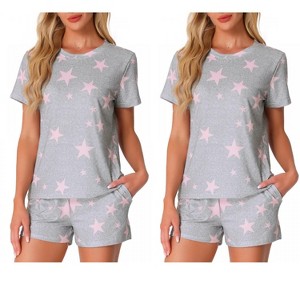 INSPIRE CHIC Women's 2Pcs Pajama Set Round Neck Short Sleeve Top and Drawstring Shorts Loungewear Set - 1 of 4