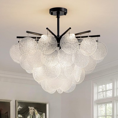 Ludomide 24" Modern Black Chandelier, 9 Light Glass Chandelier For Dining Room, Coastal Modern Capiz Ceiling Chandelier Light Fixture