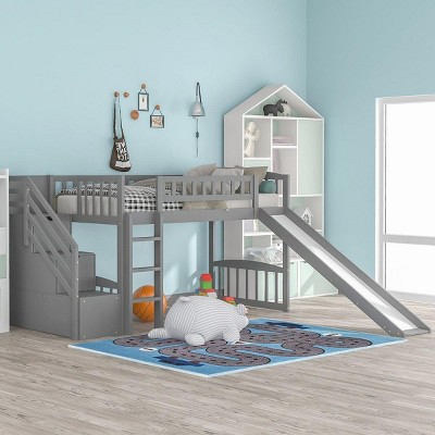 Streamdale Stairway Twin Size Loft Bed with Two Drawers and Slide, Gray
