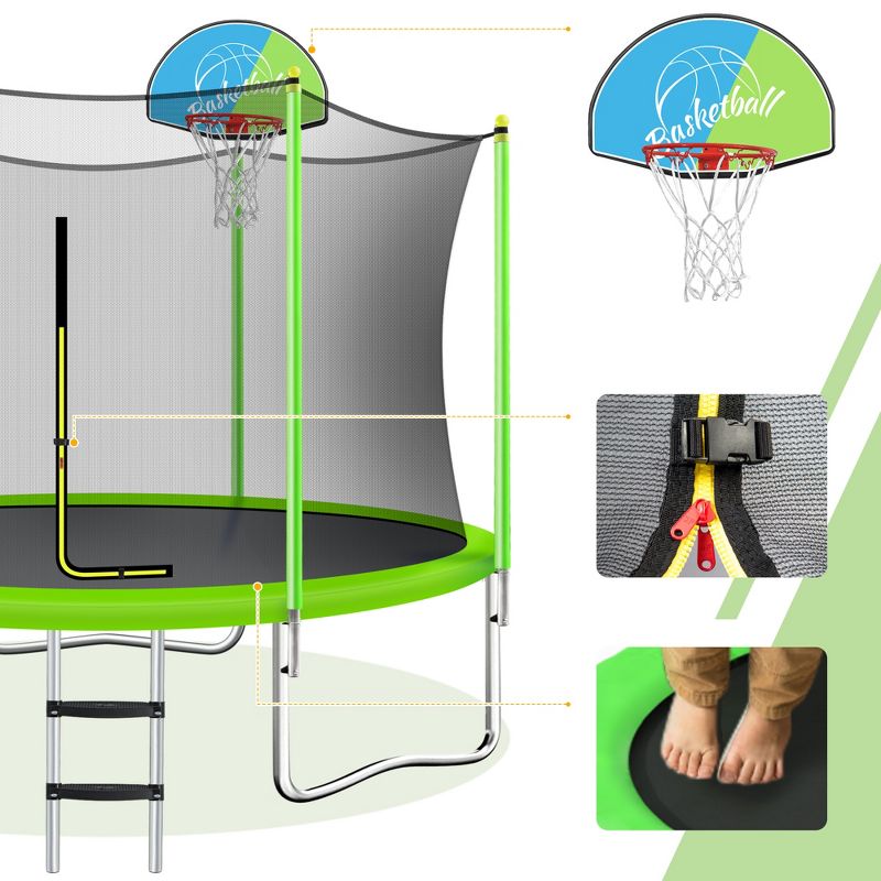 8 FT/ 10 FT Trampoline for Kids with Safety Enclosure Net, Basketball Hoop and Ladder-ModernLuxe, 4 of 7