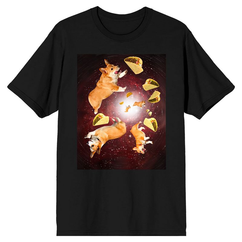 Corgi And Tacos In Space Men's Black T-Shirt, 1 of 2