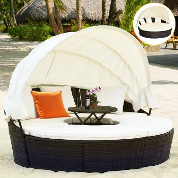 Costway Patio Rattan Daybed Cushioned Sofa Adjustable Table Top Canopy 3 Pillows
