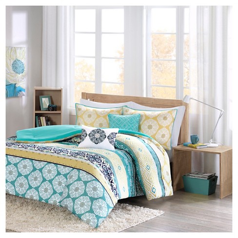 Teal Yellow Aneesa Global Print Comforter Set