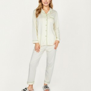 Anna-Kaci Lounge Women's 2-Piece Set Long Sleeve Button Front Top and Matching Relaxed Fit Pants Pajama Set with Contrast Piping - 1 of 4
