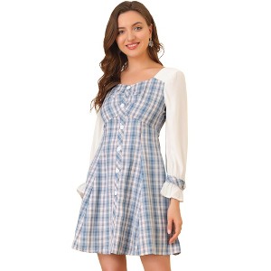 Allegra K Women's Plaid Sweetheart Neck Elegant Button Decor A-Line Party Mini Dress - 1 of 4
