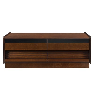 Vynxaria Modern-Vintage Rectangular Coffee Table, 47.2" Wood-Look (Fluted Style), 4 Drawers (2 Tempered Glass-Top) + 2 Display Shelves