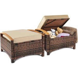VINGLI 2 Pieces Outdoor Patio Ottomans with Storage, Wicker Storage Ottoman Rattan Footstool w/Removable Cushion - 1 of 4