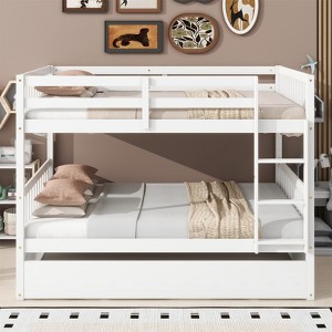 RISOKEYS Full Over Full Rubber Wood Bunk Bed - Convertible to 2 Full Size Beds with Twin Size Trundle, Ladder and Guardrails - 1 of 4