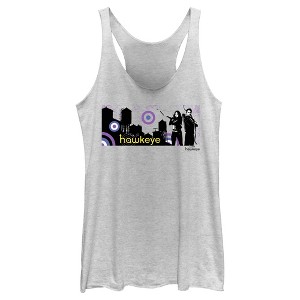 Women's Marvel Hawkeye Cityscape Racerback Tank Top - 1 of 4