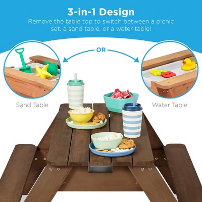 Walnut and Beige Wooden Convertible Kids Picnic Table with Umbrella