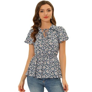 INSPIRE CHIC Women's Floral Print Smocked Flutter Sleeves Tie Collar Peplum Blouse - 1 of 4