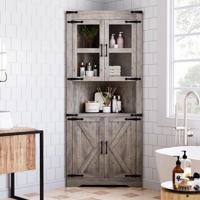 Whizmax Farmhouse Corner Cabinet, Tall Corner Storage Cabinet with Glass Door & Adjustable Shelves, Bathroom Cabinet for Living Room, Bathroom