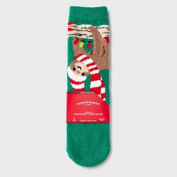 Women's Holiday Sloth Cozy Crew Socks with Gift Card Holder - Wondershop™ Green 4-10