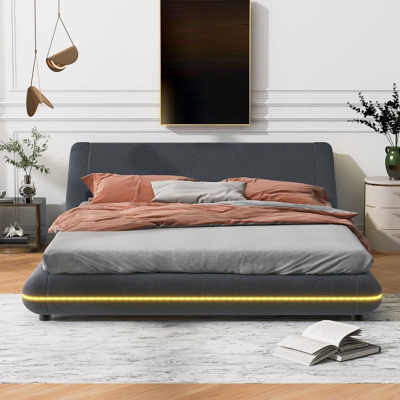 Full/Queen Size Upholstery Platform Bed Frame With Sloped Headboard Floor Bed Frame Contemporary Wave-Like Design, 2 of 7